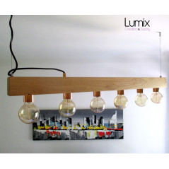 Poutre lumineuse bois de chêne massif 6 lampes douilles porcelaines noires 220V - 100 cm de long sur 7 x 7cm