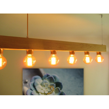 Poutre lumineuse bois de chêne massif 6 lampes douilles porcelaines noires 220V - 100 cm de long sur 7 x 7cm