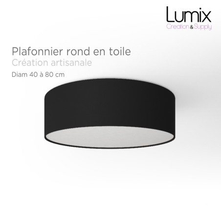 Plafonnier rond revêtement toile noire - Diam 38/48 cm