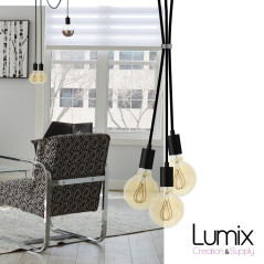 Suspension 3 lampes style moderne NOIR sur-mesure - câble textile au choix