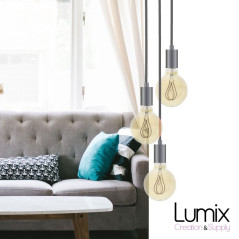 Suspension 3 lampes style moderne CHROME sur-mesure - câble textile au choix