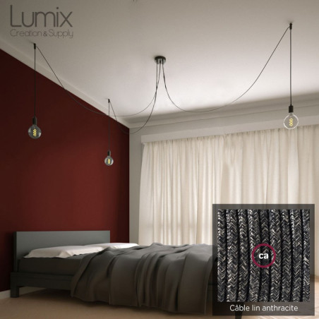 Suspension multiple OCTOPUS 3 - Câble textile en lin naturel anthracite