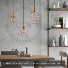 Suspension multiple 3 lampes avec cage diamant métal - Câble LIN gris