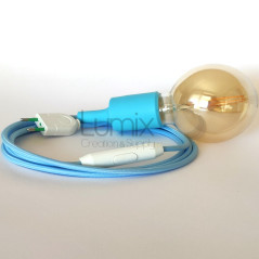 Lampe baladeuse à douille silicone bleu ciel et câble textile turquoise