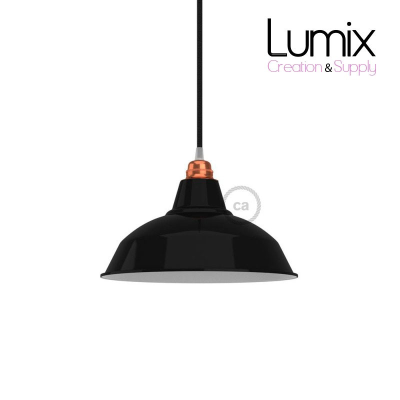 Abat-jour Bistrot diamètre 30 cm métal revêtement en émail noir et intérieur blanc