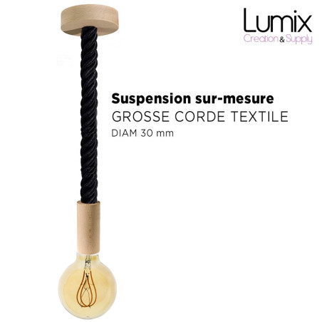 Suspension grosse corde 30 mm textile noir brillant