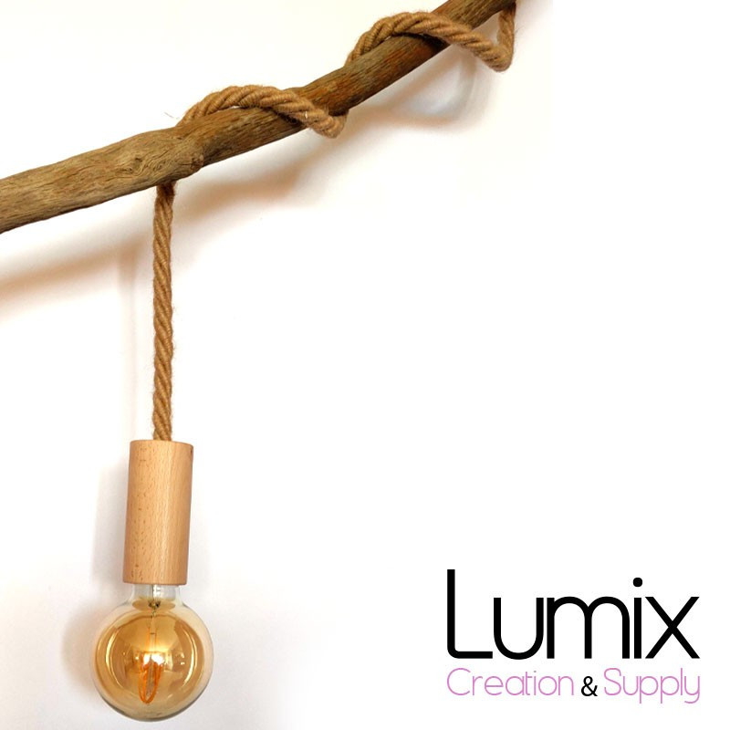 Lampe baladeuse grosse corde en jute de diamètre 16 mm et porte-douille bois Lampe baladeuse grosse corde en jute de diamètre 16 mm et porte-douille bois