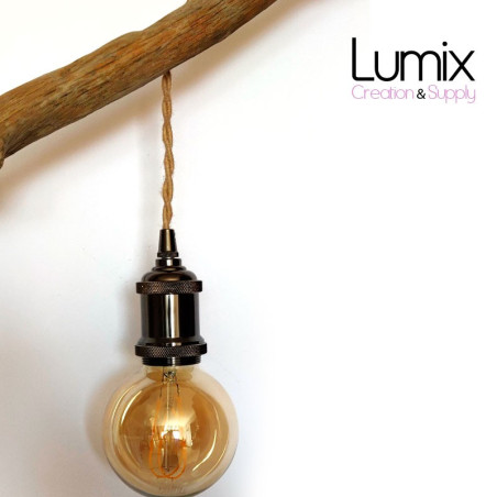 Lampe baladeuse fil jute torsadé et douille vintage perle noire avec bague pour abat-jour
