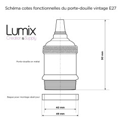 Lampe baladeuse câble lin et douille vintage perle noire avec bague pour abat-jour
