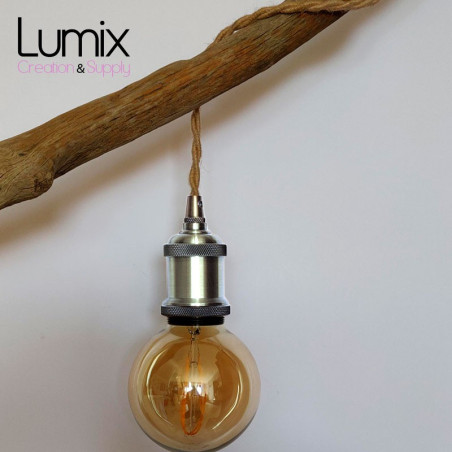 Lampe baladeuse fil jute torsadé et douille vintage chromée avec bague pour abat-jour