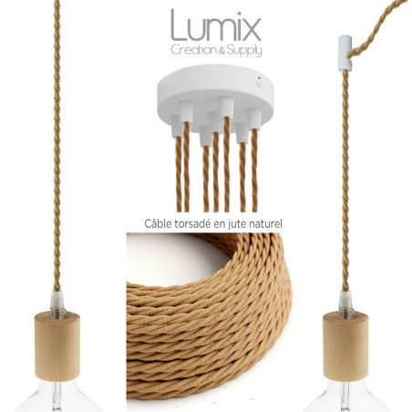 Suspension multiple Octopus 7 câble torsadé en Jute naturel et douille bois de hêtre