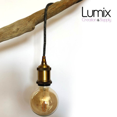 Lampe baladeuse fil rond en lin naturel anthracite et douille vintage dorée avec bague pour abat-jour