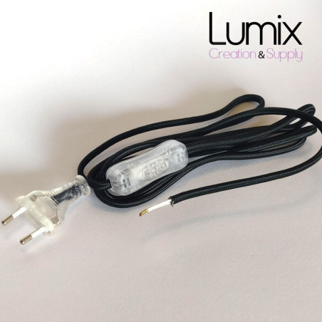 Cordon alimentation textile noir pour lampe ou récepteur petite puissance 2,5 A