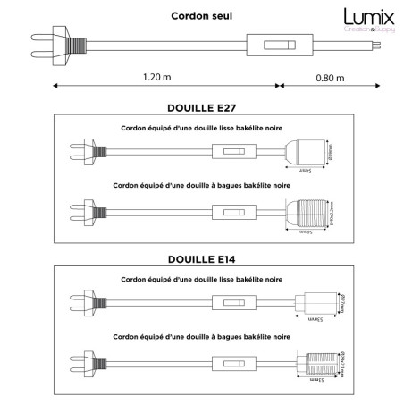Cordon alimentation textile orange pour lampe ou récepteur petite puissance 2,5 A