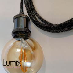 Lampe baladeuse fil rond en lin naturel anthracite et douille vintage perle noire avec bague pour abat-jour