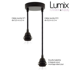 Suspension DUO câble textile et douille vintage bakélite à bagues