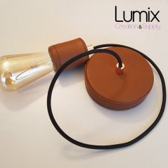 Suspension 1 lampe rosace et porte-douille bois et cuir