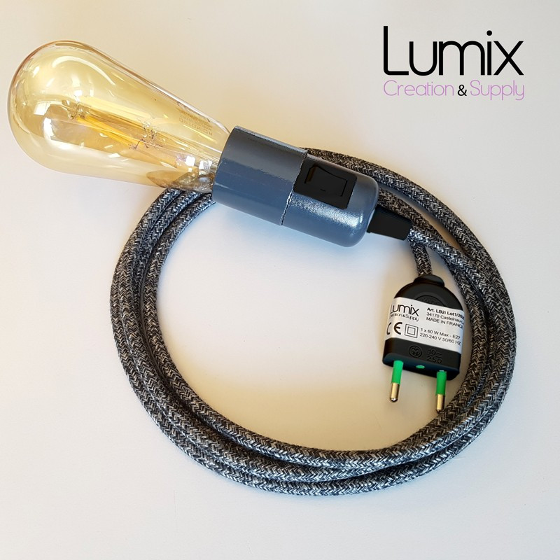 Lampe baladeuse câble textile Lin anthracite, douille E27 anthracite avec interrupteur intégré