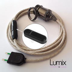 COMMANDE PRIVÉE - Lampe baladeuse câble lin et douille vintage perle noire avec bague pour abat-jour - DIMMER