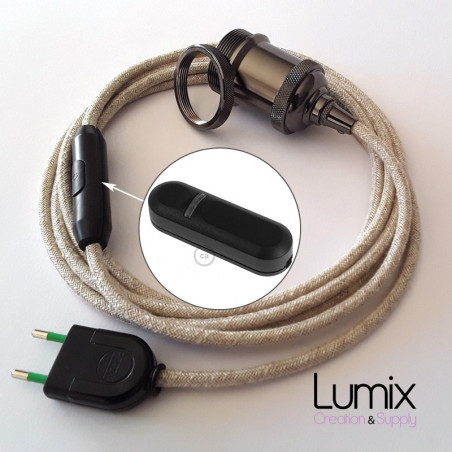 COMMANDE PRIVÉE - Lampe baladeuse câble lin et douille vintage perle noire avec bague pour abat-jour - DIMMER