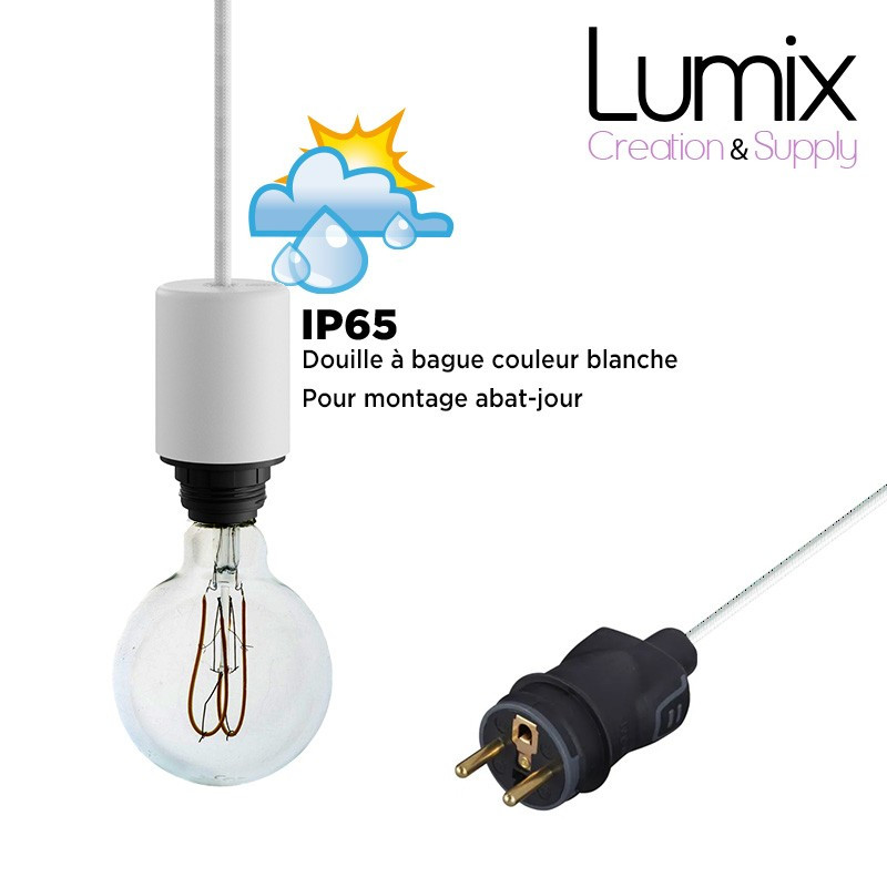 Lampe baladeuse à suspendre utilisable à l'extérieur - De 3 à 10 mètres de câble textile IP65 - 2 couleurs de douilles à bagues Lampe baladeuse à suspendre utilisable à l'extérieur - De 3 à 10 mètres de câble textile IP65 - 2 couleurs de douilles à bagues