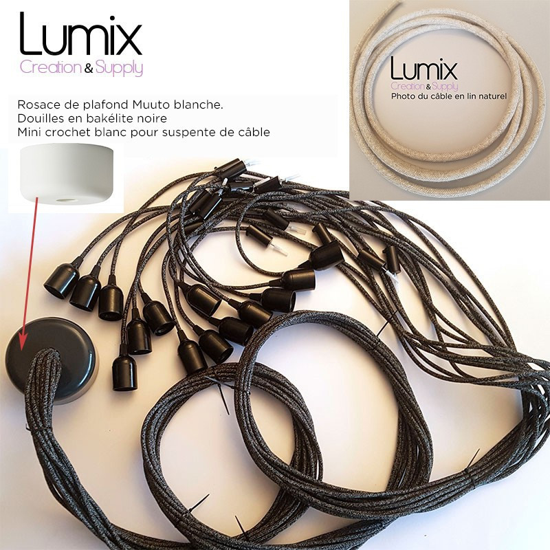 PRIVÉE : Suspension multiple Muuto 14 lampes - câble lin naturel neutre et douille lisse bakelite vintage
