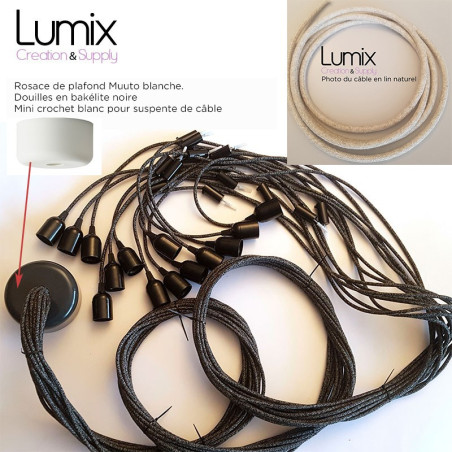 Suspension multiple Muuto 14 lampes - câble lin naturel neutre et douille lisse bakelite vintage