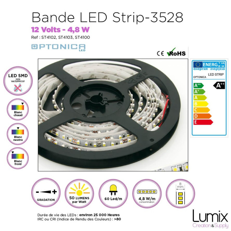 Bande LED 3528 SMD - 12V/4,8 W - Non Waterproof