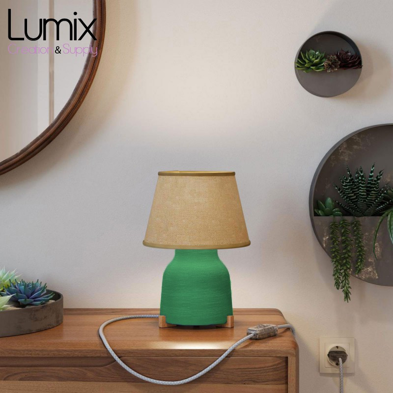 Lampe à poser COPPA VERT FEUILLE  forme vase en céramique avec abat-jour tissu Impero