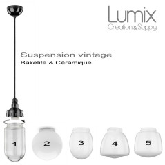 Suspension vintage bakélite & céramique avec abat-jour verre