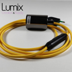 Lampe à suspendre type baladeuse porte-douille métal lisse Perle noire de Tahiti - Câble textile jaune.