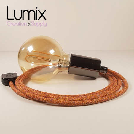 Lampe à suspendre type baladeuse porte-douille métal lisse Perle noire de Tahiti - Câble textile indian.