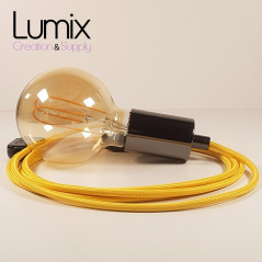 Lampe à suspendre type baladeuse porte-douille métal lisse Perle noire de Tahiti - Câble textile jaune.