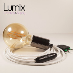 Lampe à suspendre type baladeuse porte-douille métal lisse Perle noire - Câble textile blanc