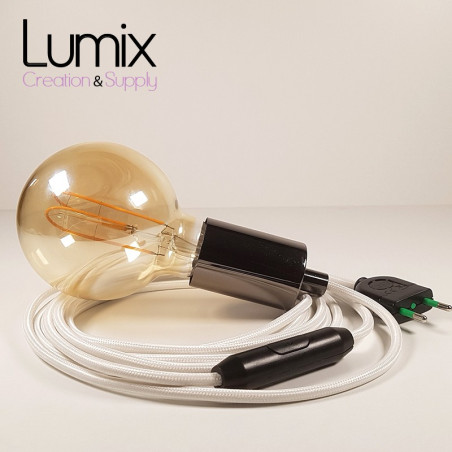 Lampe à suspendre type baladeuse porte-douille métal lisse Perle noire - Câble textile blanc