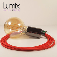 Lampe à suspendre type baladeuse porte-douille métal lisse Perle noire de Tahiti - Câble textile rouge.
