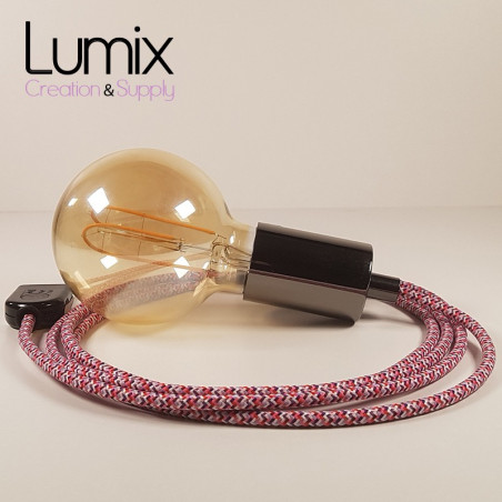 Lampe à suspendre type baladeuse porte-douille métal lisse Perle noire de Tahiti - Câble textile effet soie Pixel