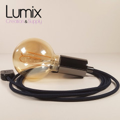 Lampe à suspendre type baladeuse porte-douille métal lisse Perle noire de Tahiti - Câble textile Bleu foncé effet soie