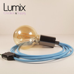 Lampe à suspendre type baladeuse porte-douille métal lisse Perle noire de Tahiti - Câble textile Bleu Azur effet soie