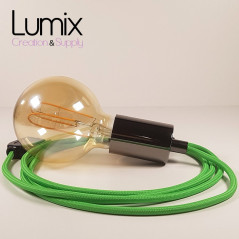 Lampe à suspendre type baladeuse porte-douille métal lisse Perle noire de Tahiti - Câble textile Vert Lime effet soie