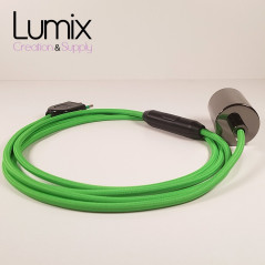 Lampe à suspendre type baladeuse porte-douille métal lisse Perle noire de Tahiti - Câble textile Vert Lime effet soie