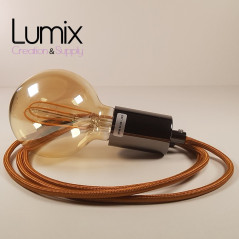 Lampe à suspendre type baladeuse porte-douille métal lisse Perle noire de Tahiti - Câble textile Whiskey effet soie