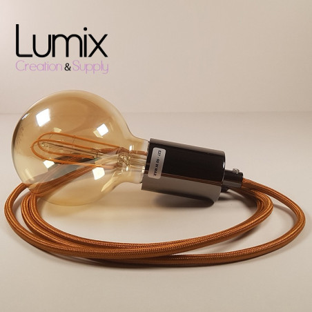 Lampe à suspendre type baladeuse porte-douille métal lisse Perle noire de Tahiti - Câble textile Whiskey effet soie