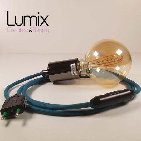 Lampe à suspendre type baladeuse porte-douille métal lisse Perle noire de Tahiti - Câble textile bleu Lagon coton