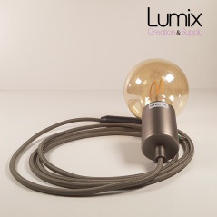 Lampe à suspendre type baladeuse porte-douille métal lisse Inox satinée - Câble textile Gris effet soie
