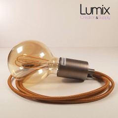 Lampe à suspendre type baladeuse porte-douille métal lisse Inox satiné - Câble textile Whiskey effet soie