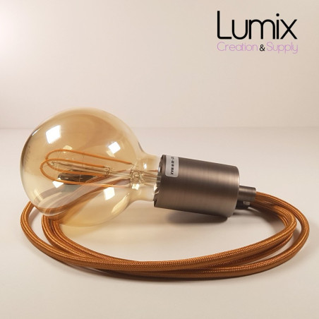 Lampe à suspendre type baladeuse porte-douille métal lisse Inox satiné - Câble textile Whiskey effet soie