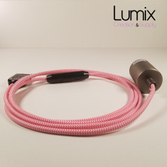 Lampe à suspendre type baladeuse porte-douille métal lisse Inox satiné - Câble textile zig-zag Fuchsia effet soie