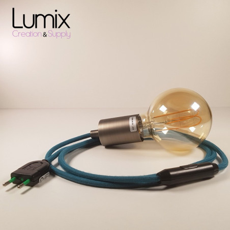 Lampe à suspendre type baladeuse porte-douille métal lisse Inox satiné - Câble textile Bleu Lagon coton