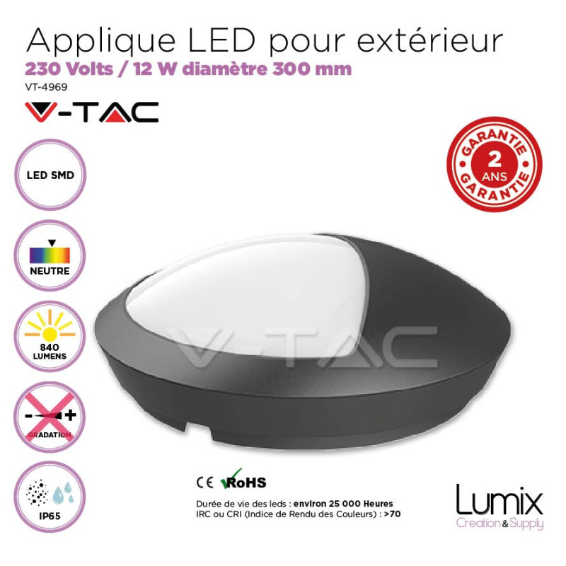 Applique LED 12W/220V IP65 blanc ou noir